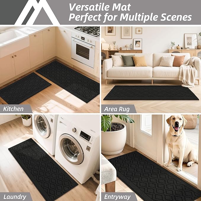 COSY HOMEER 60x24Inch/36X24Inch Kitchen Rugs Sets Non-Slip Washable Kitchen Mats for Floor Polypropylene Absorbent Kitchen Runner for Kitchen Sink Hallway Entryway(Black)