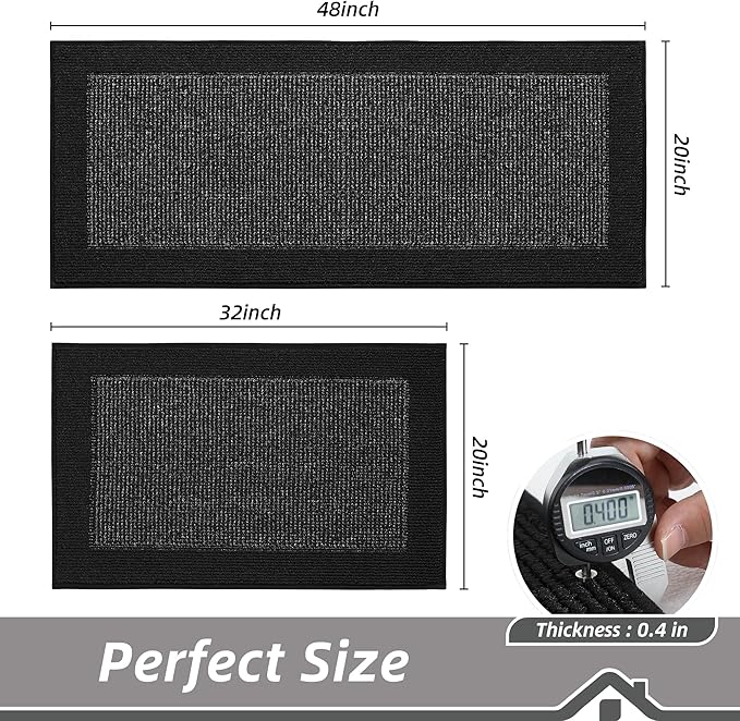 BEQHAUSE Kitchen Rugs and Mats Set of 2 Non-Slip Kitchen Mats for Floor, Absorbent and Stain Resistant Kitchen Runner, Machine Washable Rugs for Kitchen, Laundry & Sink, 20"x32"+20"x48", Black