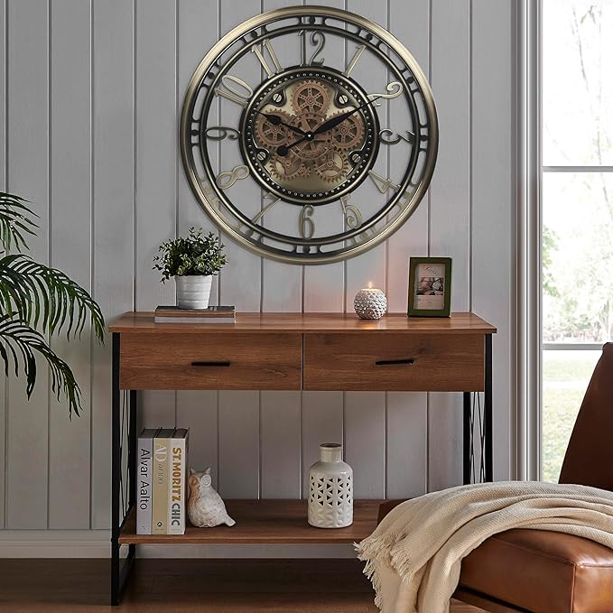 CLXEAST 28 Inch Large Moving Gear Wall Clock for Living Room Decor, Modern Farmhouse Wall Clock for Home Office,Brass Gold,House Warming Gifts New Home