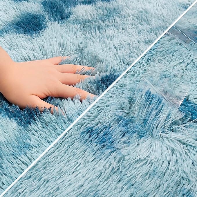 Super Soft Fluffy Living Room Area Rug 3x10 ft Tie-Dyed Light Blue Shaggy Furry Carpet Washable Non-Slip Floor Rugs Bedroom Bedside Nursery Rug Fuzzy Girls Boy Dorm Home Decor Aesthetic