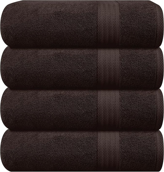 GLAMBURG Premium Cotton 4 Pack Bath Towel Set - 100% Pure Cotton - 4 Bath Towels 27x54 - Ideal for Everyday use - Ultra Soft & Highly Absorbent - Chocolate Brown