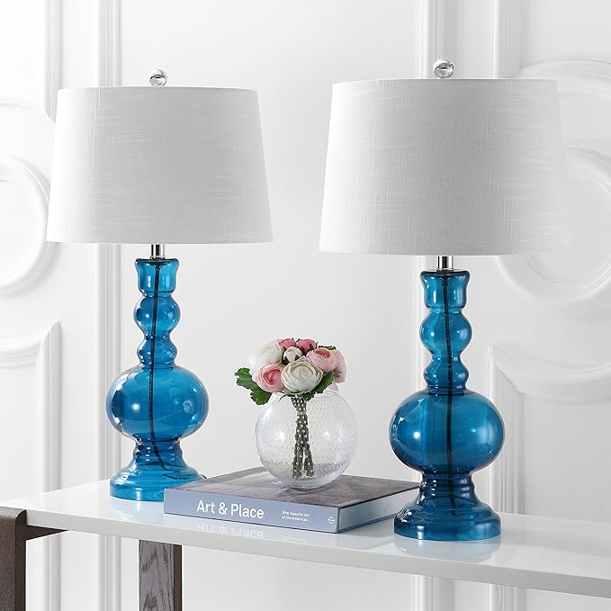 JONATHAN Y JYL1061C-SET2 Set of 2 Table Lamps Genie 28.5" Glass LED Table Lamp Contemporary Transitional Bedside Desk Nightstand Lamp for Bedroom Living Room Office College Bookcase, Night Blue