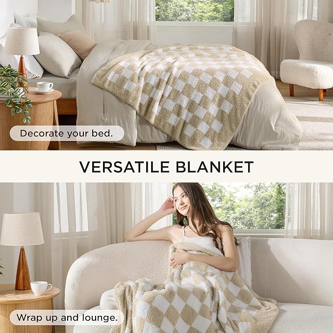 Bedsure King Comforter Set with Checkered Throw Blanket for Couch - 4 Pieces, 1 Beige Comforter King Size, 2 Pillow Shams, 1 Checkered Blanket, Super Soft, Lightweight & Fluffy for Bed & Sofa
