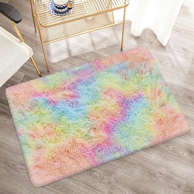Small Fluffy Rainbow Colorful Area Rug for Girls Bedroom 2x3 Mini Kawaii Tie Dye Rug Fuzzy Unicorn Throw Rug for Living Room Kids Nursery Baby Princess Room Home Decor Aesthetic Carpets