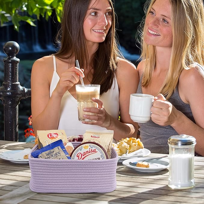 Small Woven Storage Baskets 13“X9”X5“ Decorative Rope Bins for Organizing Shelves, Closets, and Toys, Empty Gift Baskets, Cute Organizer Basket for Home and Office (purple, Large)