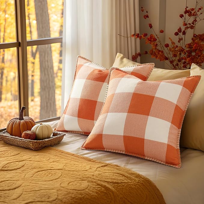 decorUhome Farmhouse Gingham Buffalo Plaid Check Throw Pillow Covers 18x18 Set of 2, Outdoor Fall Linen Decorative Pillow Covers with Stitched Edge for Bed Couch Sofa, Orange and White