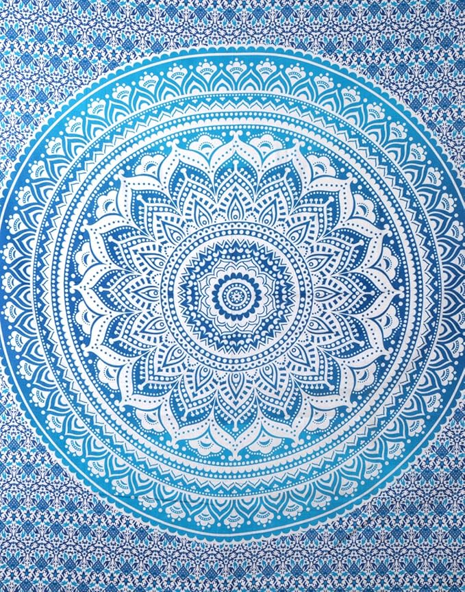 RAJRANG Small Mandala Tapestry for Bedroom and Living Room Bohemian Wall Hanging Cotton Tapestries Blue Ombre 60x50 Inch