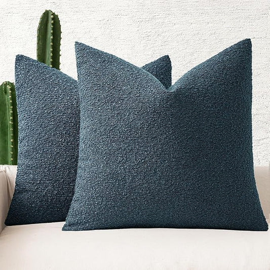 MIULEE 18x18 Inch Decorative Pillow Covers for Couch Bed Set of 2 Textured Boucle Neutral Throw Pillows Dark Blue Accent Solid Cushion Pillowcase Cozy Soft Sofa Livingroom Home Decor