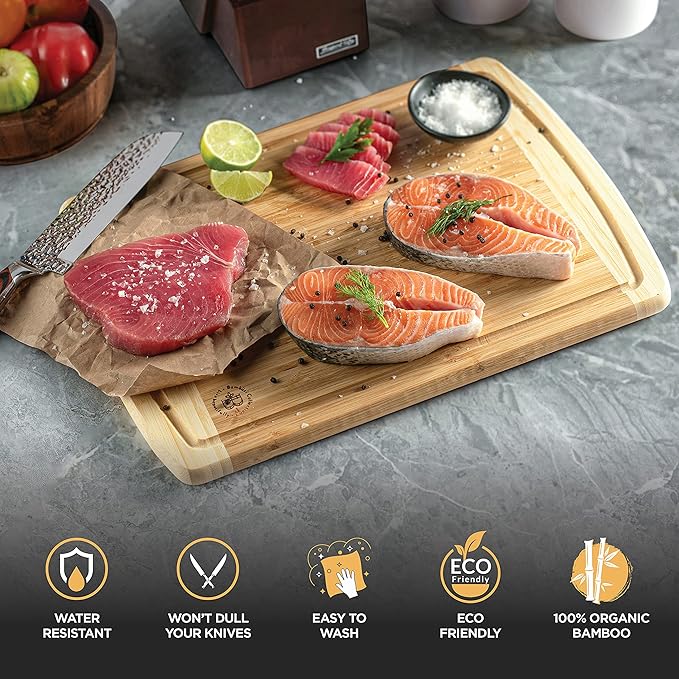 Bamboo Cutting Boards for Kitchen 2-PC Set - Wood Chopping Boards with Juice Groove, 18" x 12" Wooden Cutting Board for Vegetables, Fruit and Cheese Charcuterie Serving Tray XL