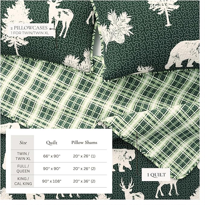 Lodge Bedspread King Size Quilt with 2 Shams. Cabin 3- Piece Reversible All Season Quilt Set. Rustic Quilt Coverlet Bed Set. Rio Ridge Collection (Forest Green)