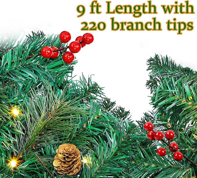 9 Foot Christmas Lighted Garland, Battery Operated Christmas Garland with Lights, Pre Lit Garland Wreath for Indoor Home Winter Holiday New Year Xmas Decorations