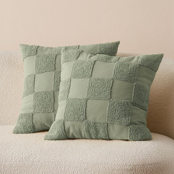 Double Stitch Checkered Throw Pillow Covers - 100% Cotton Set of 2 Tufted Boho Decorative Pillow Covers 20x20, Made in India, Square Cushion Case, Modern Home Decor for Couch, Sofa, Sage Green