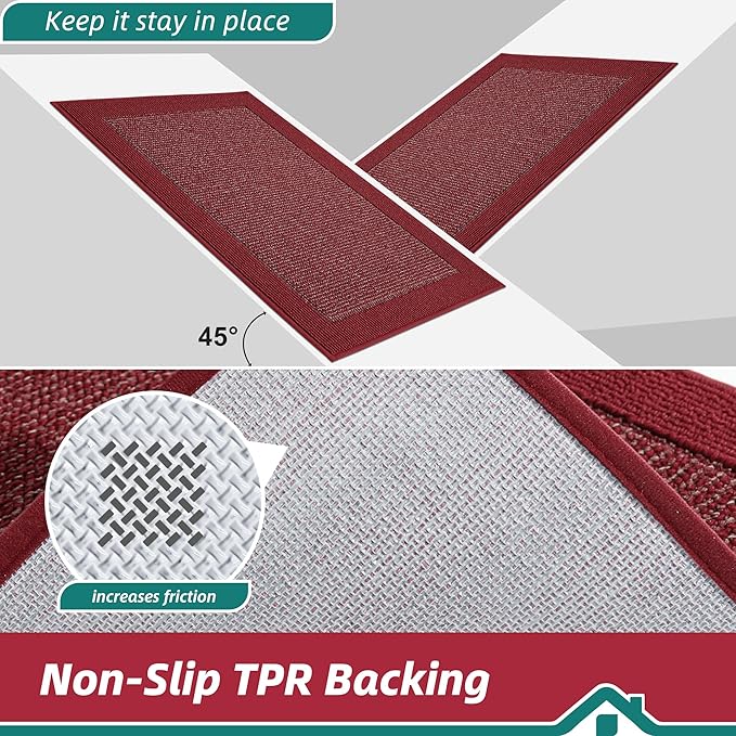 BEQHAUSE Kitchen Runner Rugs 24"x60", Kitchen Rugs Non-Slip Kitchen Mats for Floor, Absorbent and Stain Resistant Kitchen Mats, Machine Washable Rugs for Kitchen, Hallway, Laundry & Sink, Red