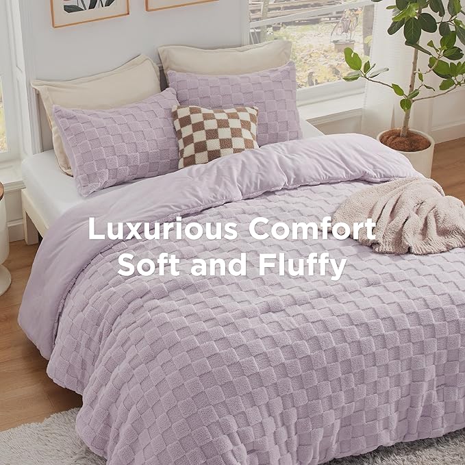 Bedsure Queen Fluffy Comforter Set, Light Purple Plush Fleece Bed Set, Checkered Farmhouse Boho Soft Warm Bedding for Winter, 3 Pieces, 1 Comforter (90"x90") and 2 Pillowcases (20"x26")