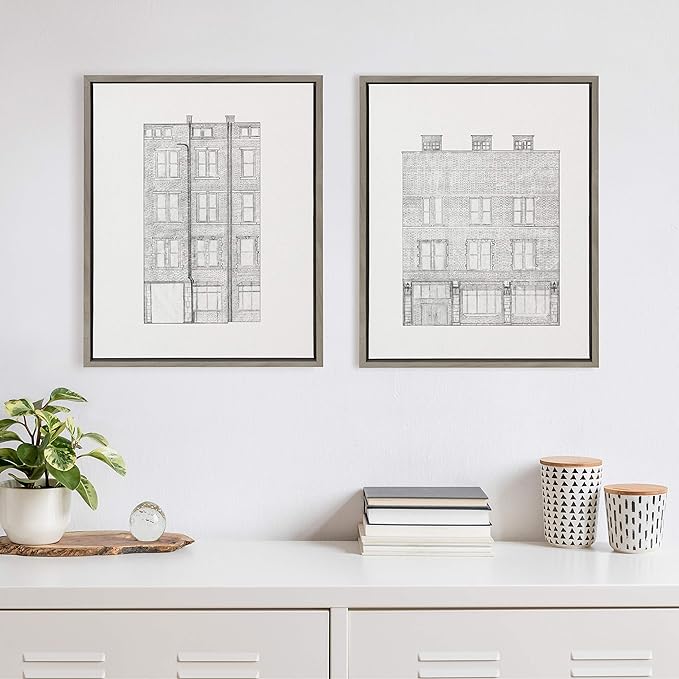 Kate and Laurel Sylvie Brick Building Façade Framed Canvas Wall Art by Viola Kreczmer, Set of 2, 18x24 Gray, Boho Chic Wall Decor
