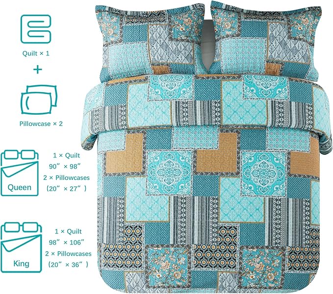 VAPUTAR Cotton Quilt Twin Size Bedding Set - 2 Pieces, Farmhouse Twin Size Quilts, Lightweight Reversible Coverlets Bedspreads for All Season (Teal/Green Chic)