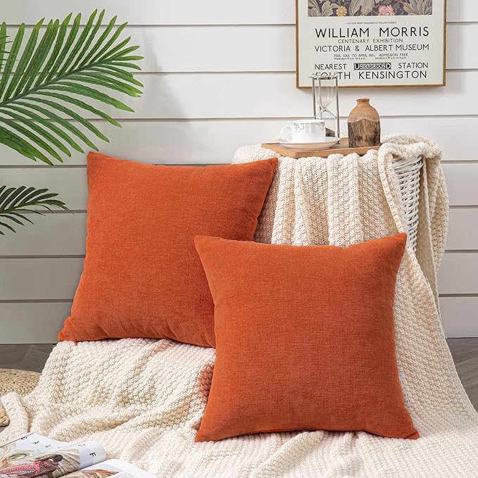 GAWAMAY Decorative Square 16x16 Inch Throw Pillow Covers Set of 2, Super Soft Chenille Pillows Farmhouse Fall Pillowcase for Living Room Bedroom Sofa Couch Cushion Cover Burnt Orange 40x40cm