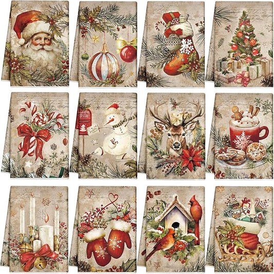 12 Pcs Christmas Kitchen Towels and Dishcloths Absorbent Christmas Tree Reindeer Truck Hand Dish Towels Decoration for Xmas Home Gift Supplies, 14.2 x 21.3 Inch(Retro Style)