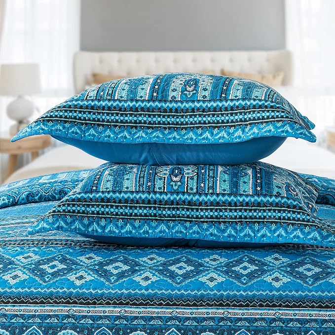VAPUTAR Cotton Quilt Queen Size Bedding Set - 3 Pieces Queen Quilt Bedding Set, Boho Queen Size Quilts, Lightweight Reversible Coverlets Bedspreads for Farmhouse Bedroom (Blue)