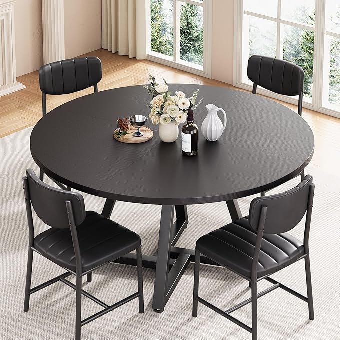 Round Kitchen Dining Room Table Circle Dining Dinner Table with Pedestal Metal Frame, Space Saving Wood Industrial Furniture for Small Space (Black, 47IN)