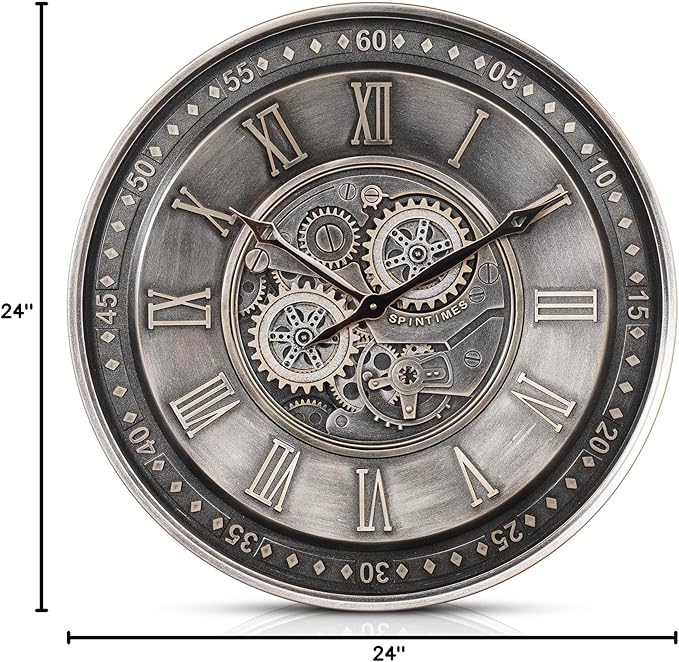 CLXEAST 24 Inch Large Moving Gear Wall Clock for Living Room Decor, Antique Silver Metal Roman Numerals Wall Clocks for Home Office