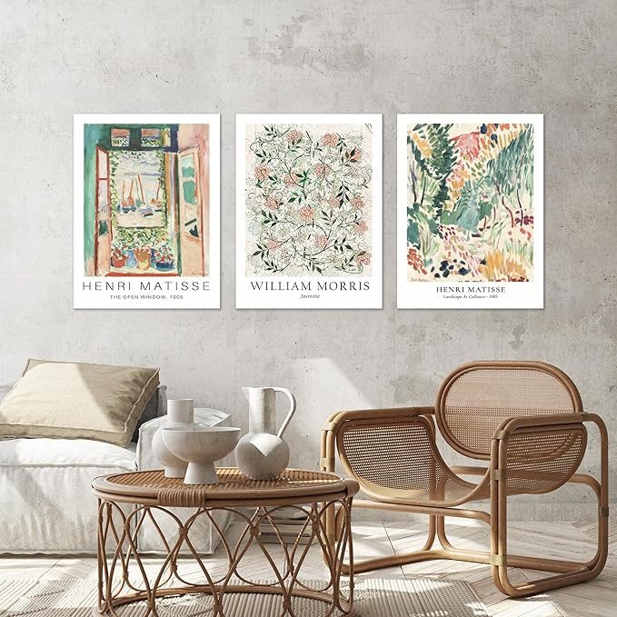 WRFON Unframed Sage Green Botanical Wall Art, Vintage Matisse Flower Market Wall Decor, Retro William Morris Floral Canvas Painting Prints for Gallery Wall, Living Room Bedroom 12"x16"x3
