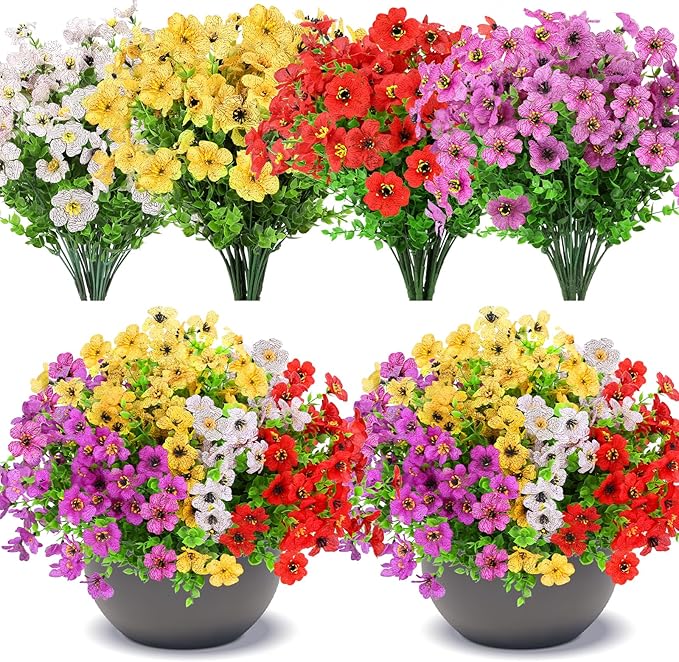 24 Bundles Artificial Flowers for Outdoors Decorations, Fake Flowers Artificial Plants Outdoor, Colorful Daisy Eucalyptus Realistic UV Resistant for Garden Patio Porch Home Decor