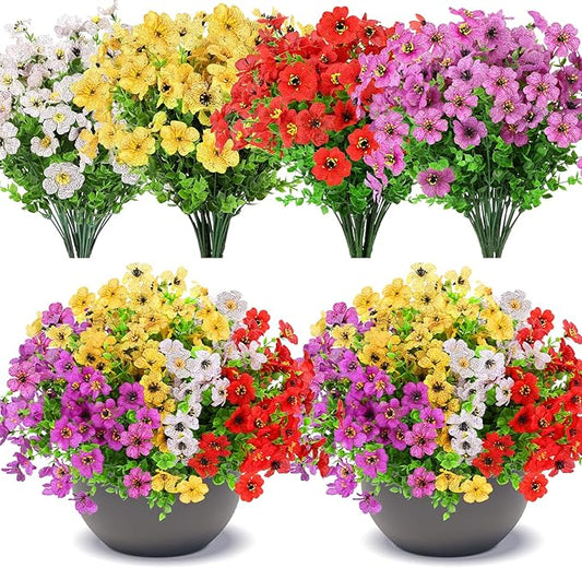 24 Bundles Artificial Flowers for Outdoors Decorations, Fake Flowers Artificial Plants Outdoor, Colorful Daisy Eucalyptus Realistic UV Resistant for Garden Patio Porch Home Decor
