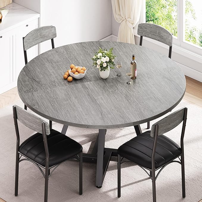 51“ Round Kitchen Dining Room Table for 6-8, Circle Dining Dinner Table with Pedestal Metal Frame, Space Saving Wood Industrial Furniture for Small Space (Grey, 51In)