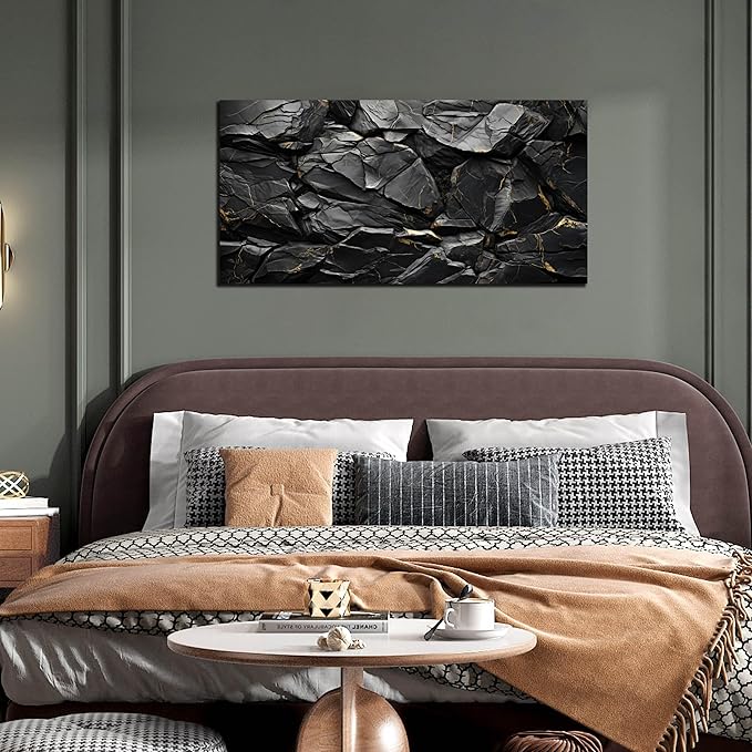 Black Stone with Golden Veins Canvas Wall Art for Living Room, Smooth Flat Rocks Picture Wall-Decor for Bedroom, Canvas Printed Artwork Decoration for Office, Size 40x20 Inches (Not 3D or Textured)