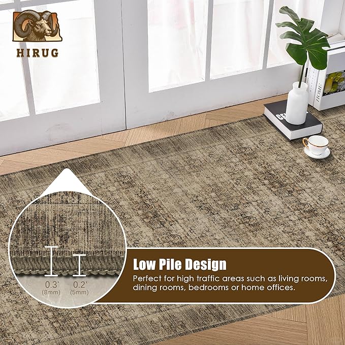 Washable Area Rug 2'6'' x 8' Vintage Traditional Persian Mat - Foldable Distressed Non-Slip Machine Washable Carpet for Living Room Bedroom Kitchen Home Decor - Mocha and Taupe