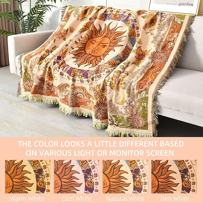 Boho Throw Blanket Reversible Cotton Bohemian Tapestry Hippie Room Decor Outdoor Blanket Double Sided (Boho Sun Yellow 50"x60")