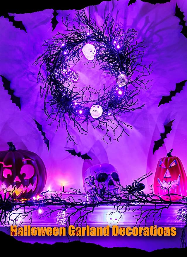 Brightown Halloween Decorations Garland with Lights, 6 Feet 20 LED Purple Lights Vine Garland with Spider, Skull, Battery Operated for Fireplace Mantle Wall Table Door