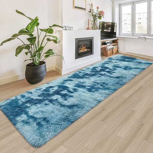 Super Soft Fluffy Living Room Area Rug 2x8 ft Tie-Dyed Light Blue Shaggy Furry Carpet Washable Non-Slip Floor Rugs Bedroom Bedside Nursery Rug Fuzzy Girls Boy Dorm Home Decor Aesthetic