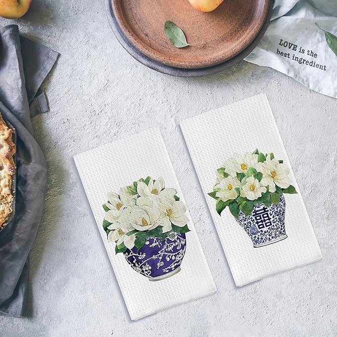Chinoiserie Vase Kitchen Tea Towel Set of 2 - Floral Dish Towels, Vintage Kitchen Towels, Waffle Weave Hand Towels 16 X 24 Inch