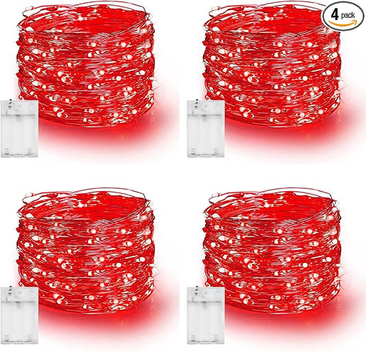 Dazzle Bright Fairy Lights Battery Operated, 4 Pack Total 80FT 240LED Silver Wire Waterproof Battery Operated String Lights, Christmas Decorations for Indoor Outdoor Bedroom Yard Decor, Red