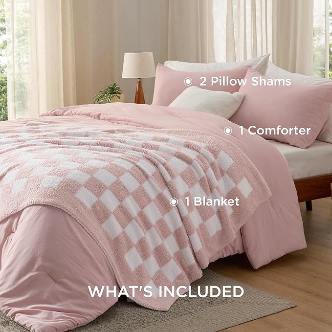 Bedsure Twin Comforter Set with Checkered Throw Blanket for Couch - 3 Pieces, 1 Pink Comforter Twin Size, 1 Pillow Sham, 1 Checkered Blanket, Super Soft, Lightweight & Fluffy for Bed & Sofa