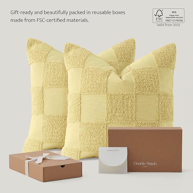 Double Stitch Checkered Throw Pillow Covers - 100% Cotton Set of 2 Tufted Boho Decorative Pillow Covers 20x20, Made in India, Square Cushion Case, Modern Home Decor for Couch, Sofa, Lemon Yellow