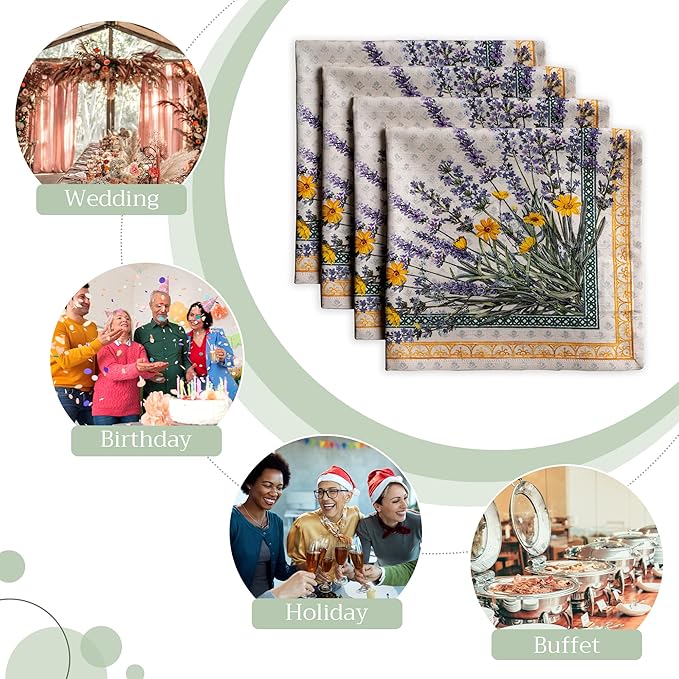 Maison d' Hermine Cloth Napkins Set of 4 100% Cotton Everyday Reusable Square Napkins Cloth Washable, Dinner, Party, Wedding, Restaurant, Spring/Summer (Fanny Lavender, 20" x 20")