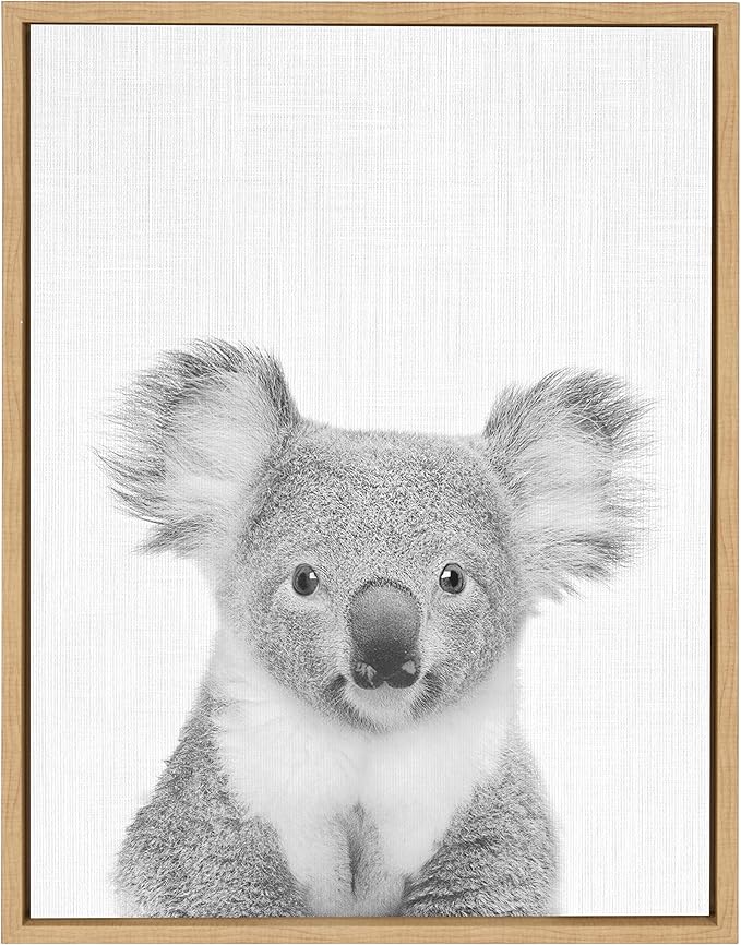 Kate and Laurel Sylvie Koala Bear Black and White Portrait Framed Canvas Wall Art by Simon Te Tai, 18x24 Natural