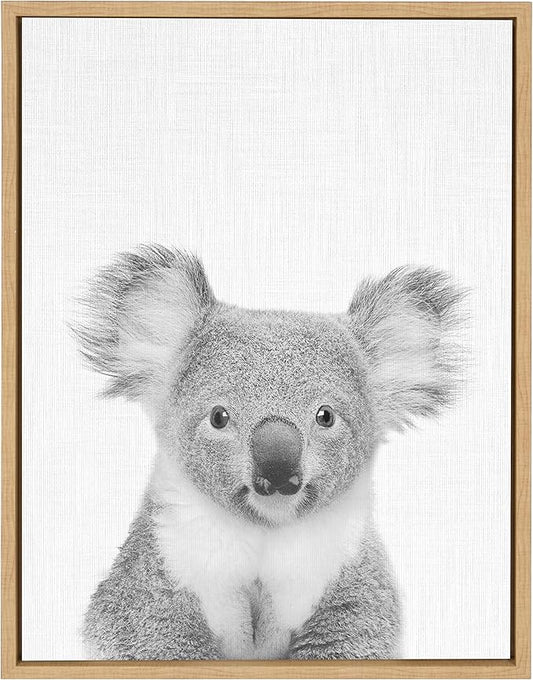 Kate and Laurel Sylvie Koala Bear Black and White Portrait Framed Canvas Wall Art by Simon Te Tai, 18x24 Natural