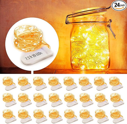 MUMUXI 24 Pack 7.2ft Fairy Lights Battery Operated String Lights, 20 Mini Battery Powered LEDs for Centerpiece Table Decorations, Wedding Party Bedroom Mason Jar Christmas, Warm White