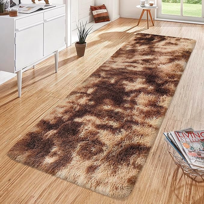 Super Soft Fluffy Living Room Area Rug 2x6 ft Tie-Dyed Brown Shaggy Furry Carpet Washable Non-Slip Floor Rugs Bedroom Bedside Nursery Rug Fuzzy Girls Boy Dorm Home Decor Aesthetic