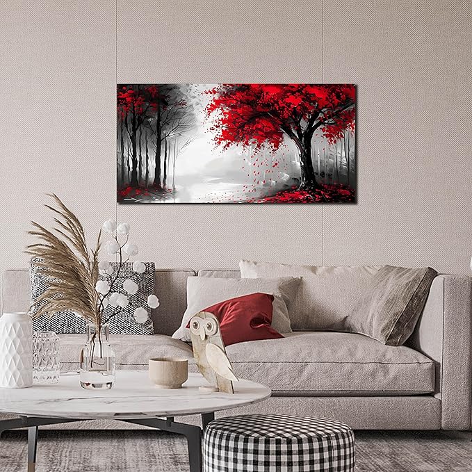 Large Canvas Wall Art for Living Room Black White and Red Tree of Life Print Pictures Painting Framed Wall Decor for Bedroom Modern Home Forest Scenery Wall Decorations Artwork Size 20x40 Ready to Hang