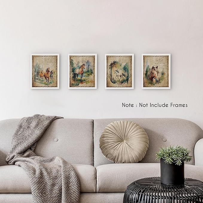 HRQKO Vintage Retro Horse Wall Art Poster Prints Set of 4, Watercolor Wildlife Animals Horse Pictures Printing Posters Wall Decor, Colorful Woodland Prints for Bathroom Living Room 8”x10” Unframed