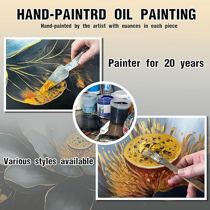 Lotus Flower Painting Wall Art for Bedroom - Black and White Hand Painted Wall Art for Living Room Large Size - Black Framed Wall Decor Size 29" x 59"