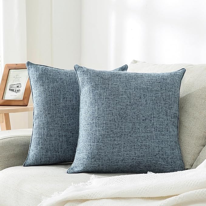 HPUK Linen Throw Pillow Covers Pack of 2, 18x18 Inch Accent Cushion Covers for Living Room, Bedroom, Decorative Solid Color Pillow Covers for Couch, Sofa, Chair, Blue