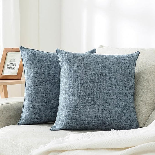HPUK Linen Throw Pillow Covers Pack of 2, 20x20 Inch Accent Cushion Covers for Living Room, Bedroom, Decorative Solid Color Pillow Covers for Couch, Sofa, Chair, Blue