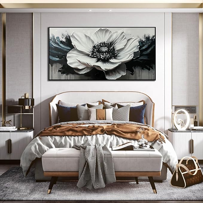 Flower Canvas Art Wall Decor for Living Room - Black and White Hand Painted Painting for Bedroom - Large Picture Frames for Wall Size 29" x 59"