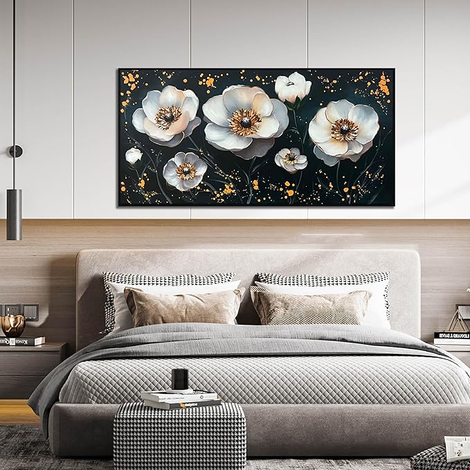 CIRABKY Gold and White Flower Hand Painted Wall Art for Bedroom - Black and White Art Pictures for Wall in Living Room - Big Picture Frames for Wall Size 29" x 59"